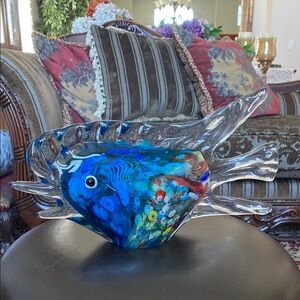 Large Artistic Blown Glass Fish Sculpture - Blue Clear Multi Color 13” W x 8” T